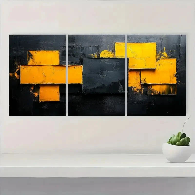 3pcs Vibrant Yellow & Black Abstract Art Set Metal Print Ready to Hang Art