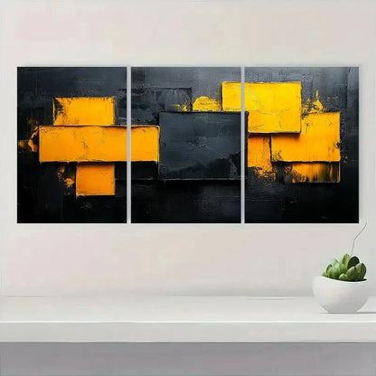 3pcs Vibrant Yellow & Black Abstract Art Set Metal Print Ready to Hang Art