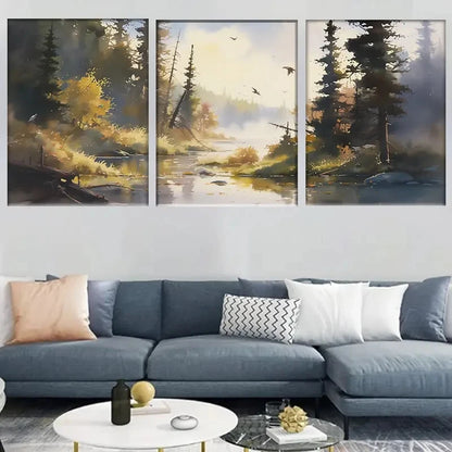 3pcs Forest Stream Serene Sunrise with Misty Trees Metal Print Ready to Hang Art