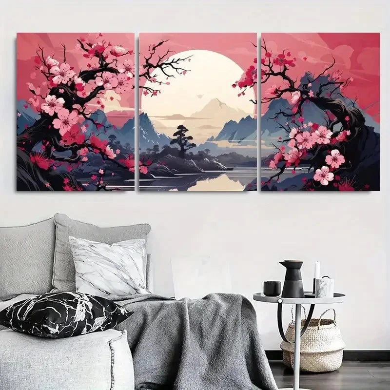 3pcs Cherry Blossom Sunrise Zen Floral Metal Print Ready to Hang Art