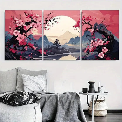 3pcs Cherry Blossom Sunrise Zen Floral Metal Print Ready to Hang Art