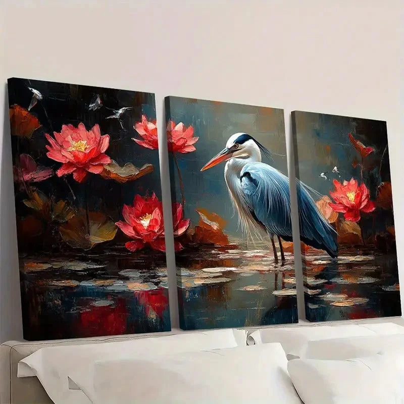 3pcs Blue Heron in Red Lotus Pond Scene Wall Art Set Canvas Framed 60x90cm - High Quality Print 100% Australian Made Wall Canvas Ready to Hang
