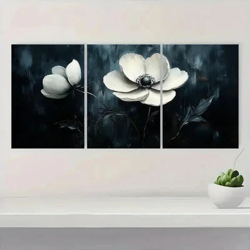 3pcs Elegant Black and White Floral S Wall Art Set Canvas Unframed - High Quality Print 100% Australian Made Wall Canvas - Bella Home Decor