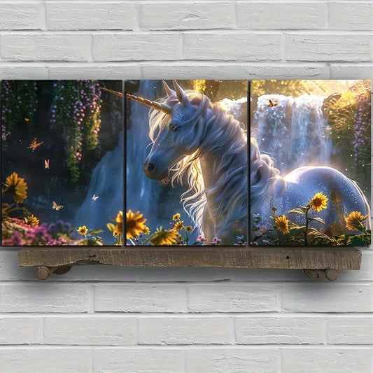 3pcs Beautiful Unicorn Standing Around a Waterfall Metal Print Ready to Hang Art