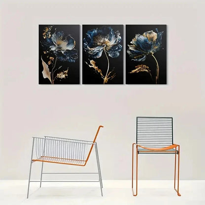 3pcs Abstract Blue and Golden Flowers Metal Print Ready to Hang Art