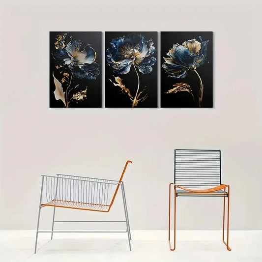 3pcs Abstract Blue and Golden Flowers Metal Print Ready to Hang Art