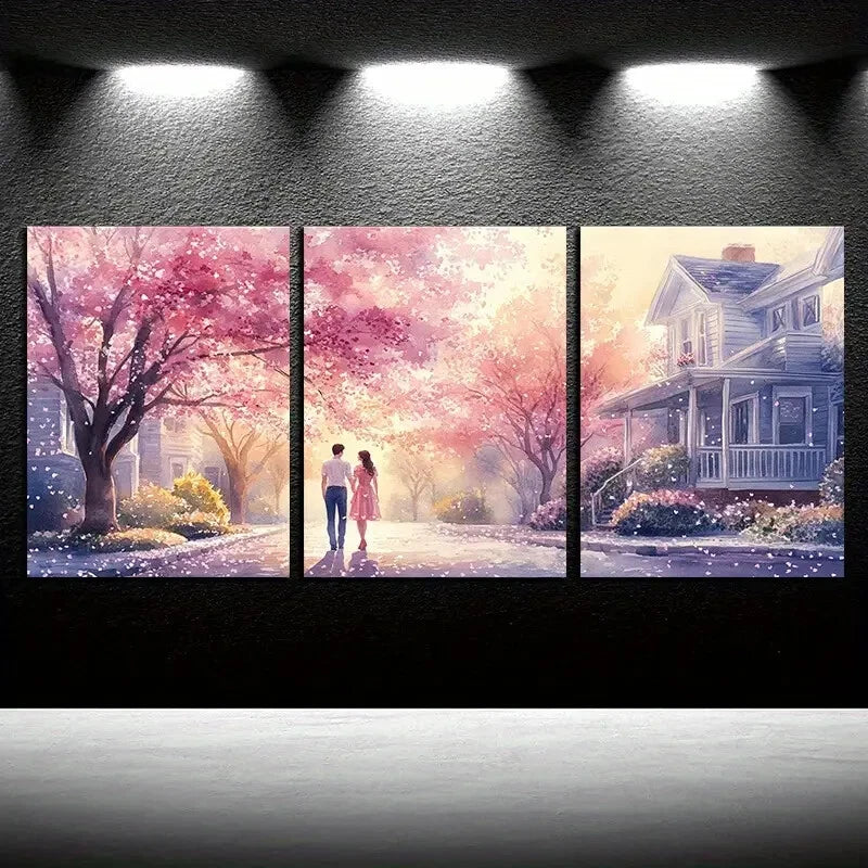 3pcs Couples Strolling Along The Flower Path Metal Print Ready to Hang Art