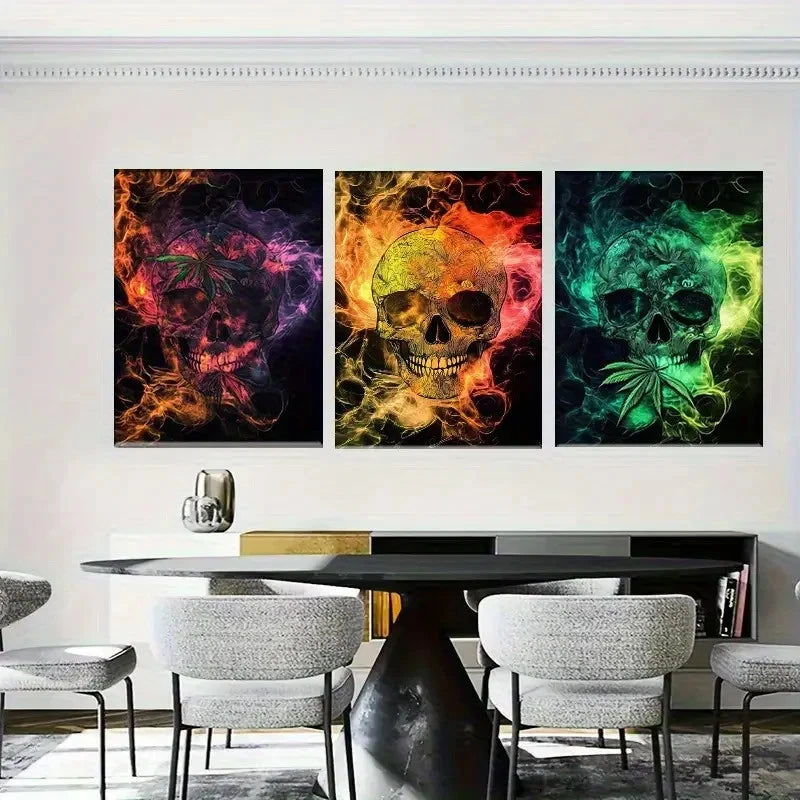 3pcs Colorful Skulls with Swirling Colors Metal Print Ready to Hang Art