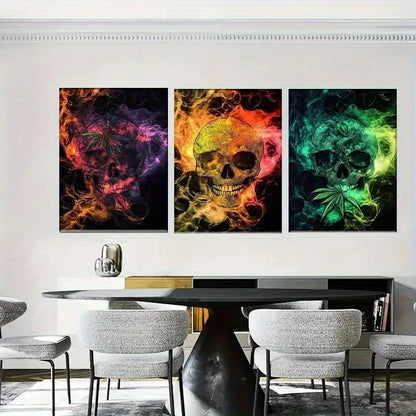 3pcs Colorful Skulls with Swirling Colors Metal Print Ready to Hang Art