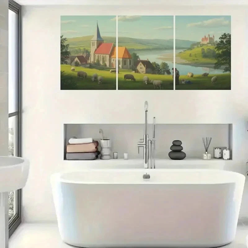 3pcs Vintage Style Featuring Castle Painting Metal Print Ready to Hang Art