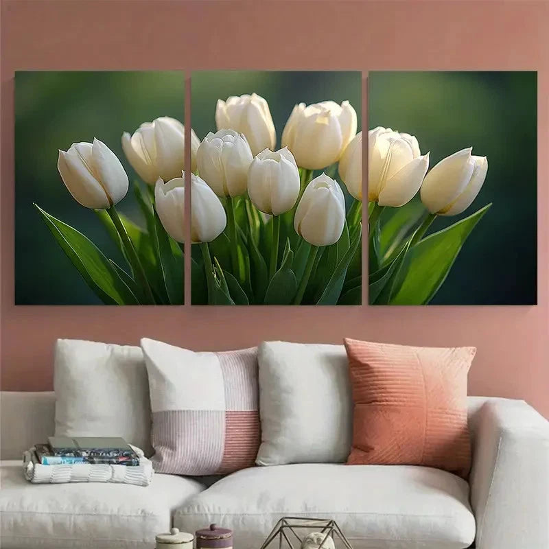 3pcs Classic White Tulip Bouquet Minimalist Floral Metal Print Ready to Hang Art