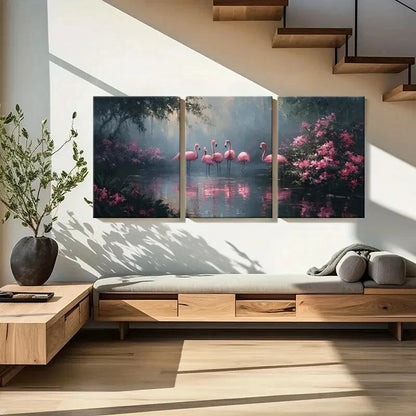 3pcs Artistic Flamingo Pond Pink Flowers Metal Print Ready to Hang Art