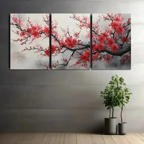 3pcs Cherry Blossoms Ink Painting Wall Art Canvas Unframed - High Quality Print 100% Australian Made Wall Canvas