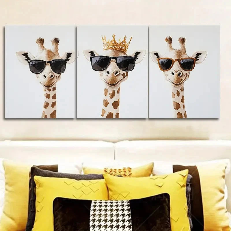 3pcs Three Cool Giraffes With A Royal Crown Wall Art Set Canvas Framed 40x60cm - High Quality Print 100% Australian Made Wall Canvas Ready to Hang