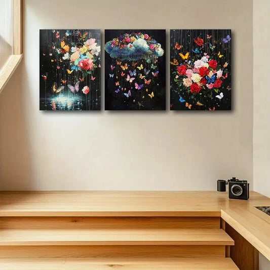 3pcs Colourful Flowers Butterflies Metal Print Ready to Hang Art