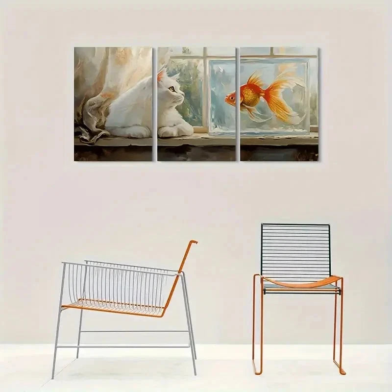 3pcs Fantasy Cat and Goldfish Metal Print Ready to Hang Art