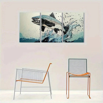 3pcs Dynamic Fish Jumping Painting Metal Print Ready to Hang Art