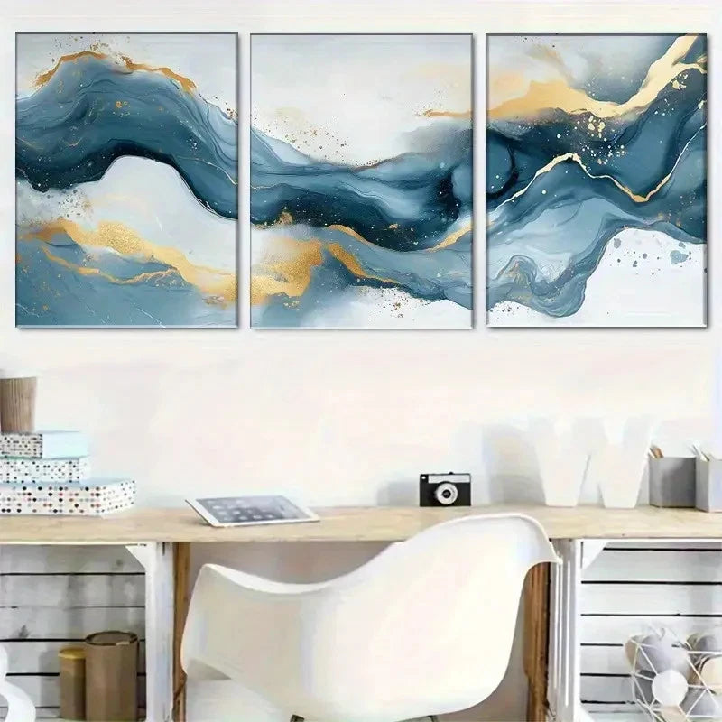 3pcs Abstract Blue-Golden Wave Flowing Design Metal Print Ready to Hang Art