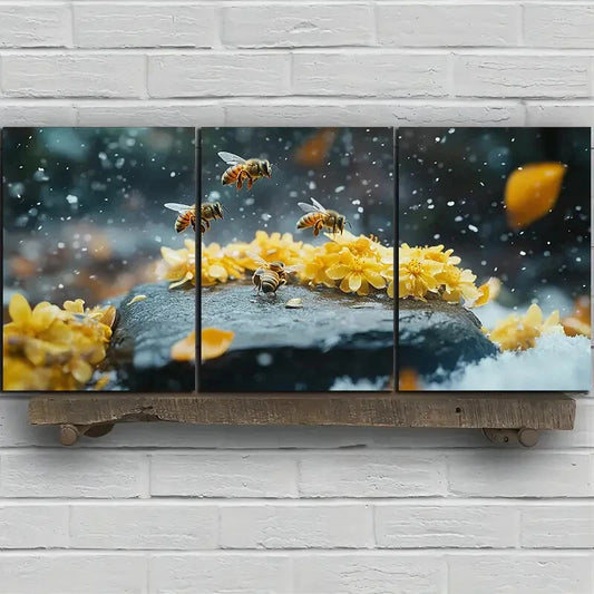 3pcs Insects Bees on Osmanthus Metal Print Ready to Hang Art