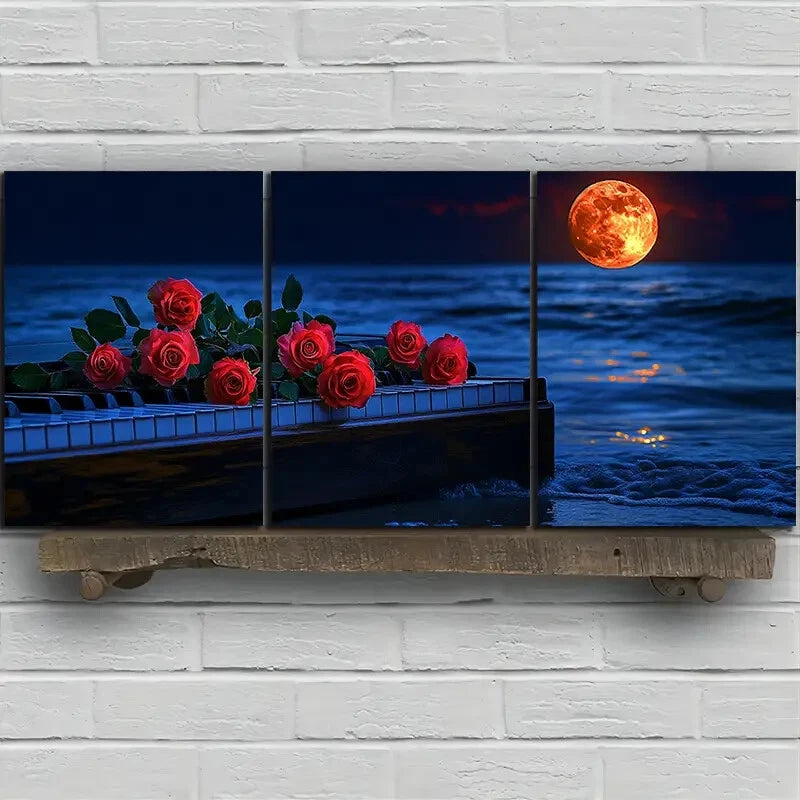 3pcs Red Rose Piano by The Sea Waves Metal Print Ready to Hang Art