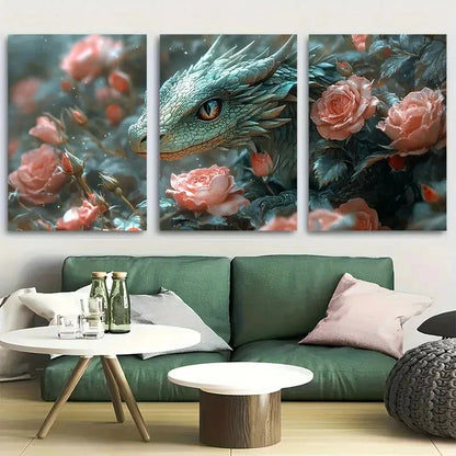3pcs Fantasy Enchanting Green Dragon & Roses Metal Print Ready to Hang Art