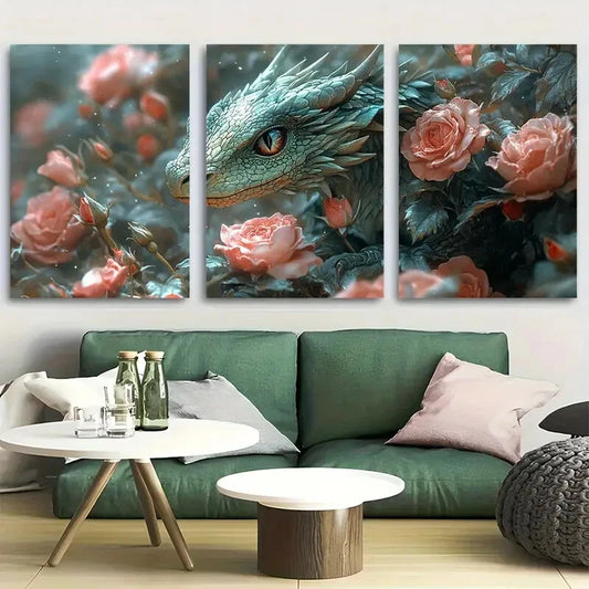 3pcs Fantasy Enchanting Green Dragon & Roses Metal Print Ready to Hang Art
