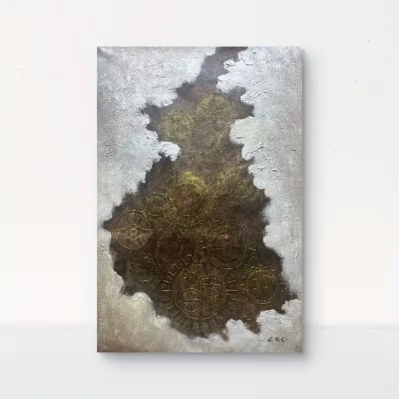 Industrial Gear Design in Gray & Brown Metal Print Ready to Hang