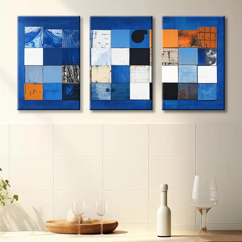 3pcs Blue square Abstract Illustration Wall Art Set Canvas Framed 60x90cm - High Quality Print 100% Australian Made Wall Canvas Ready to Hang