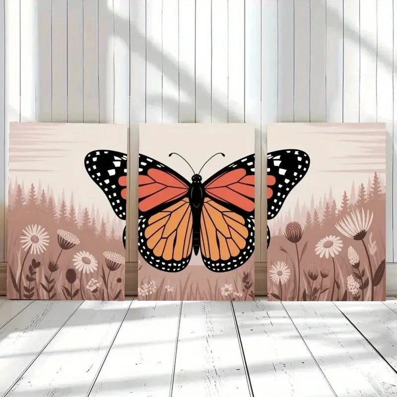 3pcs Nature Scene with Monarch Butterfly Daisies Metal Print Ready to Hang Art