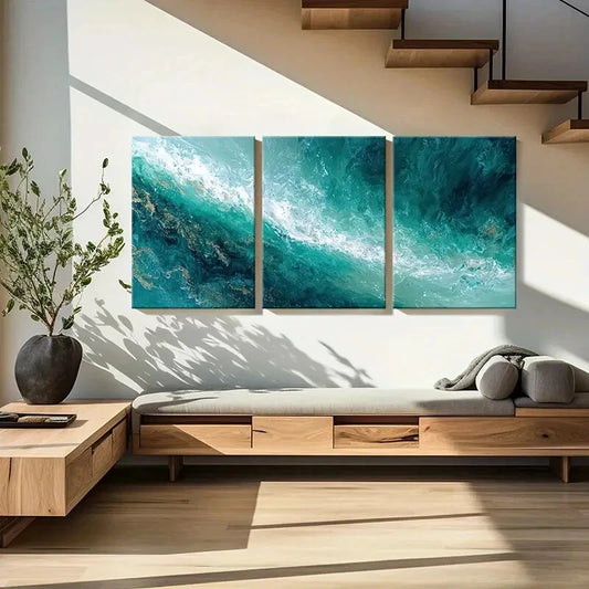3pcs Abstract Ocean Waves Turquoise Art Metal Print Ready to Hang Art