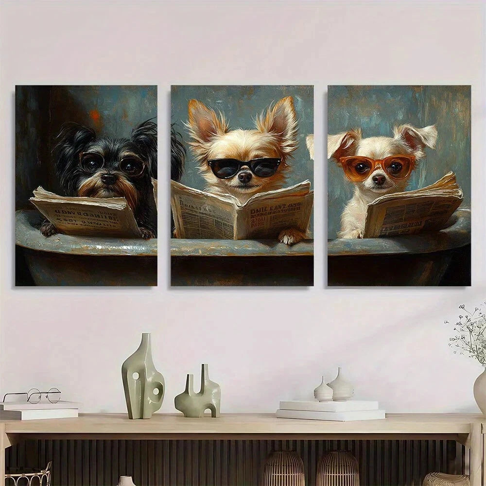3pcs Chihuahua Reading the News with Glasses Metal Print Ready to Hang Art