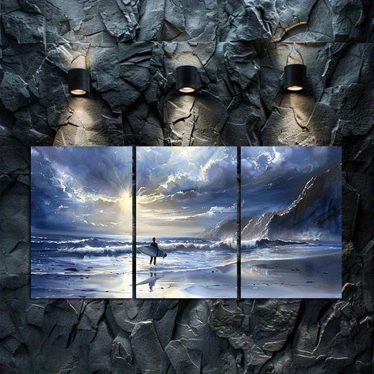 3pcs Ocean Waves and Surfer Oil Painting Metal Print Ready to Hang Art