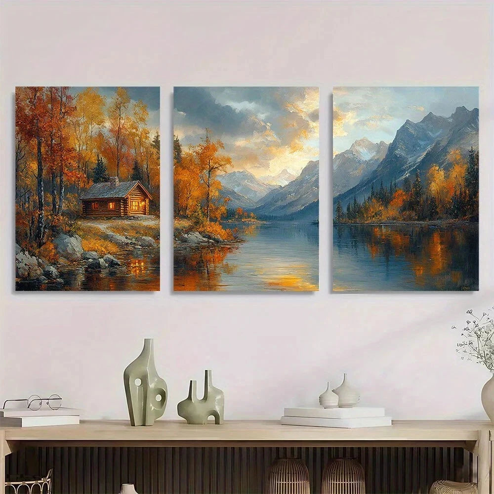 3pcs Autumn Forest Mountain Lake & Sunset Scenery Metal Print Ready to Hang Art