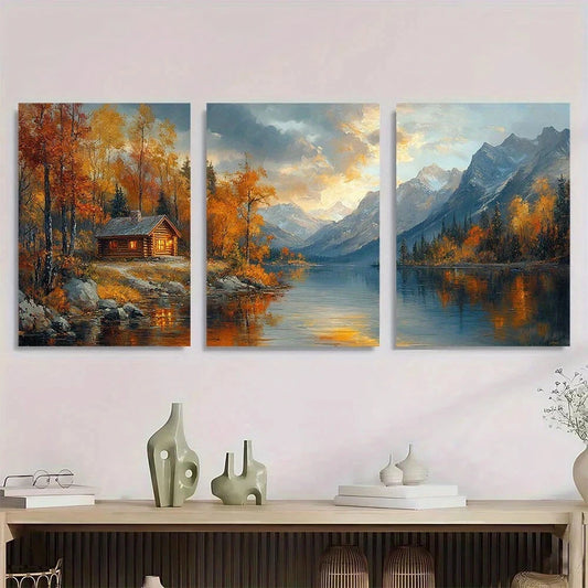 3pcs Autumn Forest Mountain Lake & Sunset Scenery Metal Print Ready to Hang Art