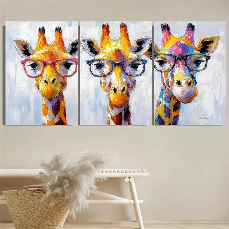 3pcs Colorful Giraffe With Glasses Wall Art Set Canvas Framed 50x70cm - High Quality Print 100% Australian Made Wall Canvas Ready to Hang