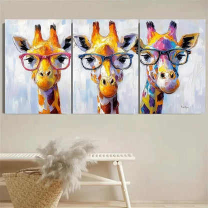 3pcs Colorful Giraffe With Glasses Wall Art Set Canvas Framed 50x70cm - High Quality Print 100% Australian Made Wall Canvas Ready to Hang