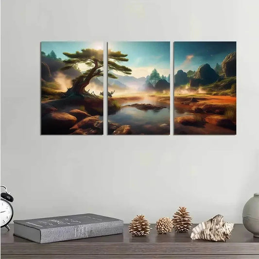 3pcs Warm Tones Nature Landscape Tree Metal Print Ready to Hang Art