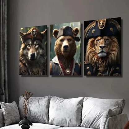 3pcs Ancient Pirates Wolf Bear and Lion Wall Art Set Canvas Framed 40x60cm - High Quality Print 100% Australian Made Wall Canvas Ready to Hang