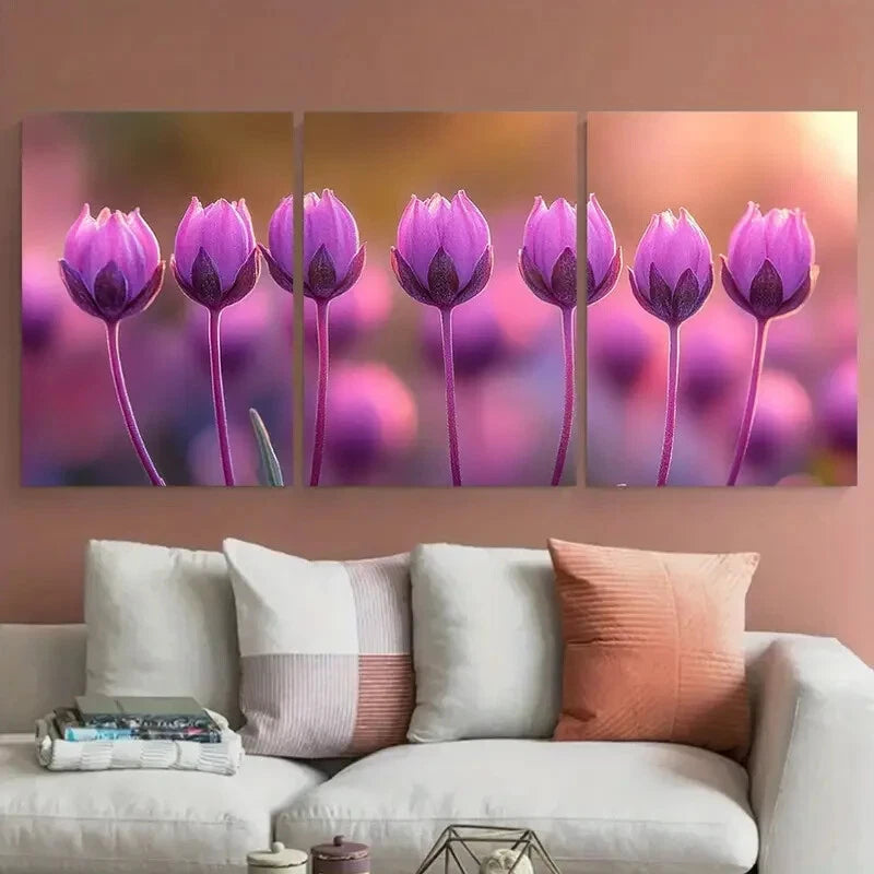 3pcs Small Purple Pink Flower Buds Illustration Metal Print Ready to Hang Art