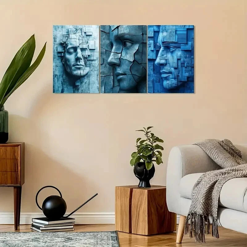 3pcs Vintage Blue-Toned Portrait Metal Print Ready to Hang Art