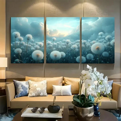 3pcs Gloomy Cloudy Dandelion Meadow Metal Print Ready to Hang Art