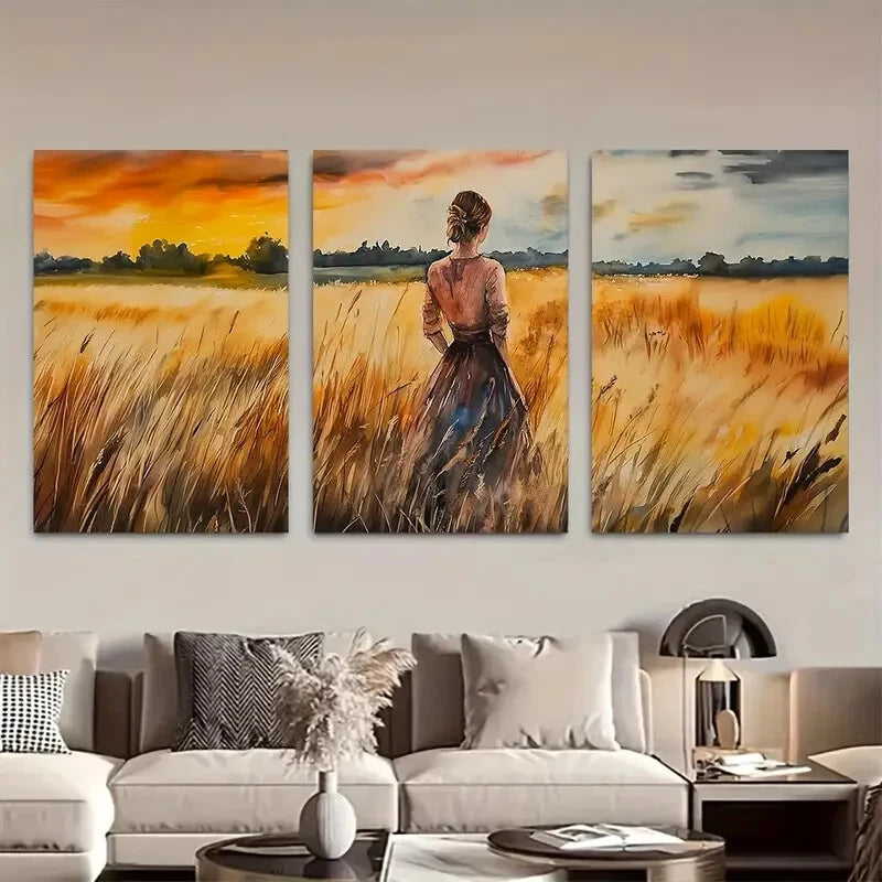 3pcs Dramatic Girl on  Wheat Field Metal Print Ready to Hang Art