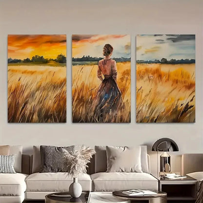 3pcs Dramatic Girl on  Wheat Field Metal Print Ready to Hang Art
