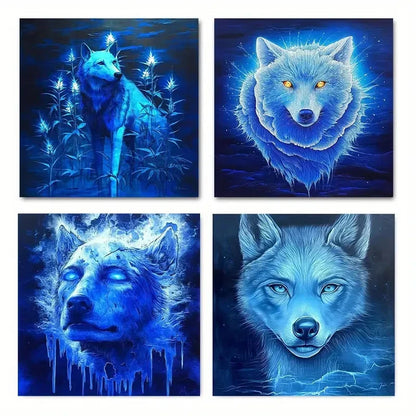 4pcs Blue Wolf With Yellow Eye Wall Art Canvas Framed