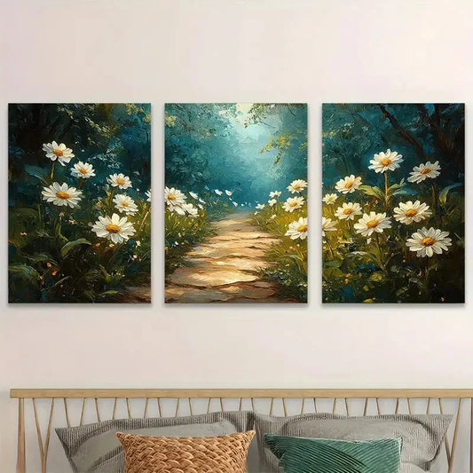 3pcs Serene Nature Scene White Daisies Perfect Wall Art Set Canvas Framed 40x60cm - High Quality Print 100% Australian Made Wall Canvas Ready to Hang