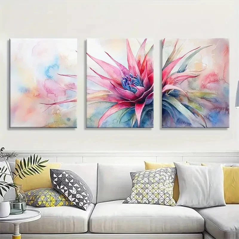 3pcs Watercolor Flower Pink and Blue Botanical Metal Print Ready to Hang Art