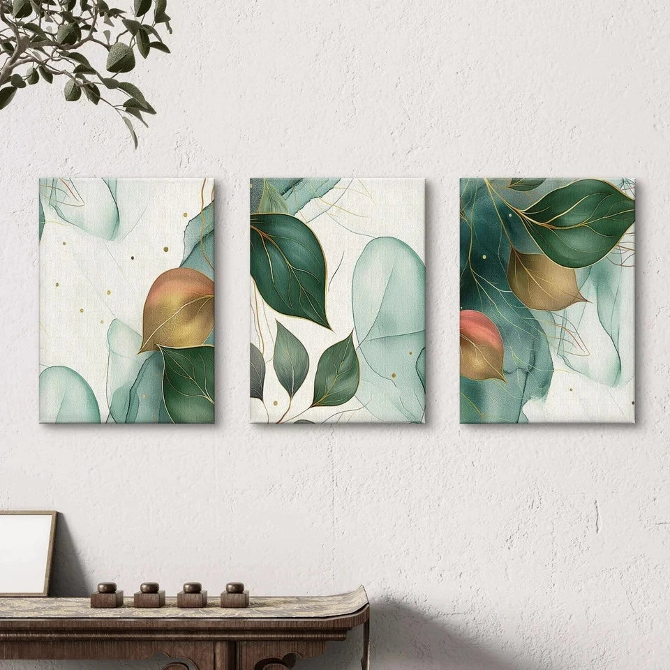3pcs Abstract Botanical Green and Gold Leaves Wall Art Set Canvas Framed 50x70cm - High Quality Print 100% Australian Made Wall Canvas Ready to Hang