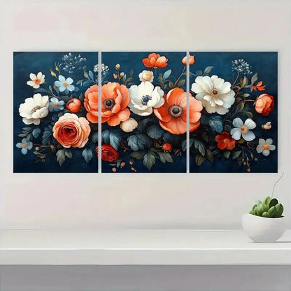 3pcs Abstract Blue & Orange Floral Design Metal Print Ready to Hang Art