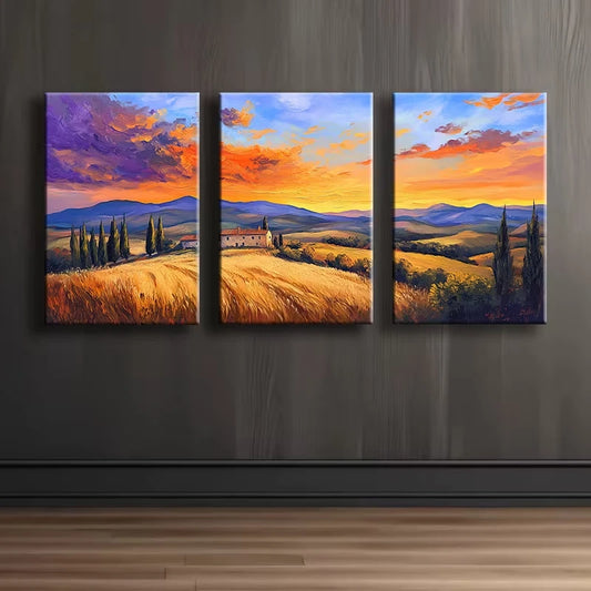 3pcs Sunset Fields Illustration Wall Art Set Canvas Framed 50x70cm - High Quality Print 100% Australian Made Wall Canvas Ready to Hang