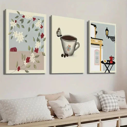 3pcs Coffee Butterfly Tree Botanical Flower Wall Art Set Canvas Unframed - High Quality Print 100% Australian Made Wall Canvas